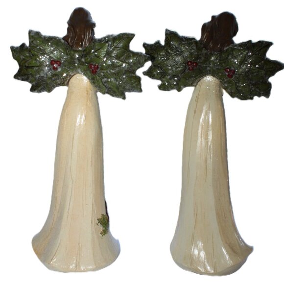 Pair Of Resin Holly Winged Christmas Angel Statues 12" Tall - Picture 9 of 16